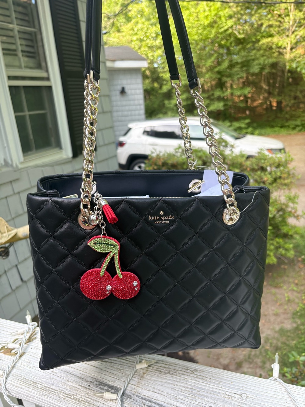 kate spade Black Quilted Tote with Gold Chain Handles